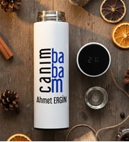 Kişiye Özel Canım Babam Filtreli Dijital Göstergeli Termos Babalar Günü Hediyesi (Beyaz)