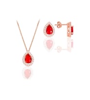 Söğütlü Silver Gümüş rose kırmızı taşlı damla modeli ikili set