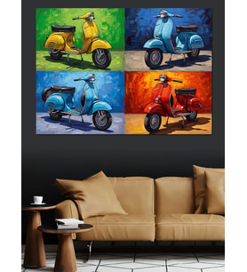 Dört Farklı Renkte Nostaljik Scooter Dekoratif Kanvas - Mdf Ahşap Tablo
