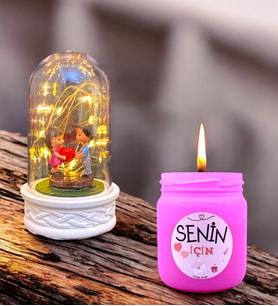 Led Işıklı Tasarım Fanus ve Mis Kokulu Pembe Cam Mum Hediye Seti (Model 6)