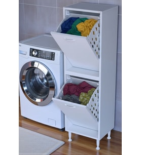Eliusta Veluna 50 cm Kirli Çamaşır Sepetli Dolap Banyo Dolabı Beyaz 50x138x32,5 cm 2 Sepetli Dolap