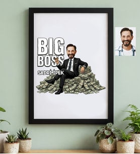 Kişiye Özel Karikatürlü Erkek Patron Siyah Çerçeve Doğum Günü Hediyesi