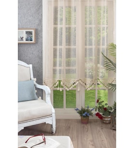 Naturel Elişi Dantelli Ponpon Detaylı Perde (Natural)
