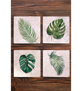 Doğal Taş Bardak Altlığı Uv Baskılı 4'lü Set Yaprak Desenleri - Stone Coasters