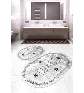 Dijital Baskılı Kaymaz Taban Yıkanabilir Oval 2'li Klozet Takımı Banyo Paspası NOKZ-SD-1030 (Gri)