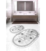 Dijital Baskılı Kaymaz Taban Yıkanabilir Oval 2'li Klozet Takımı Banyo Paspası NOKZ-SD-1030 (Gri)
