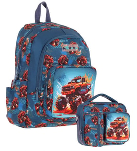 Kaukko Kids Arazi Aracı Erkek Çocuk Yeşil Kırmızı Okul Çantası ve Beslenme Çanta Takımı