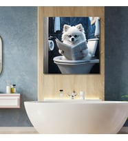 Tekli Kare Kanvas Banyo Tablosu Gazete Okuyan Beyaz Pomeranian