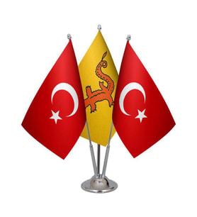 Masa Üstü Hun İmparatorluğu Bayrağı Türk Bayrağı Üçlü Krom Direk Masa Bayrak Seti