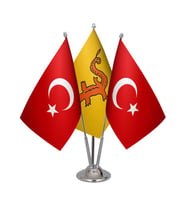 Masa Üstü Hun İmparatorluğu Bayrağı Türk Bayrağı Üçlü Krom Direk Masa Bayrak Seti