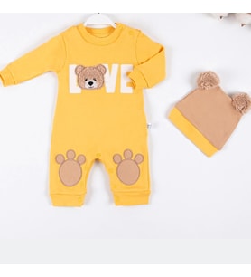3-9 Ay Erkek Bebek Tulumu Love Bear Nakışlı Sarı