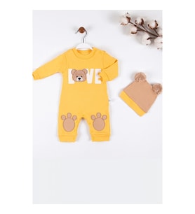 3-9 Ay Erkek Bebek Tulumu Love Bear Nakışlı Sarı
