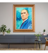 Altın Varaklı Çerçeveli Paspartulu Atatürk Tablo TR1040 (Gold)