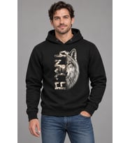 Ay ve Orman Göktürk Kurt Baskılı Siyah Kapüşonlu Cepsiz Sweatshirt