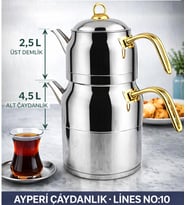 Lines Ayperi L-3040 Mega Boy Çaydanlık No:10 Paslanmaz Çelik Büyük Boy Çaydanlık Takımı 2.5 L + 4.5 L Gold Saplı