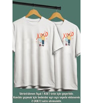 Karikatür Sevgililer Baskılı Unisex Sevgili Eş,Çift Kombini Eşe, Sevgiliye Hediye T-shirt/Tişört (Beyaz)
