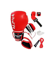 Alpha Boks Eldiveni Kırmızı + Boks Bandajı + Dişlik + Atlama Ipi - 4'lü Set 4 - 6 - 8 - 10 - 12 Ons