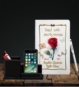 Sevgililer Gününe Özel Beyaz Defter Kalem & Deri Kaplama Kalemlik Hediye Seti 13