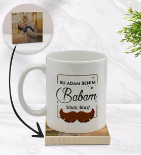 BK Gift Kişiye Özel Bu Adam Benim Babam Tasarımlı Beyaz Kupa Bardak ve Ahşap Bardak Altlığı Hediye Seti - Model 1