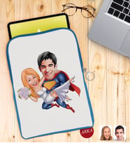 BK Gift Kişiye Özel Sevgililer Karikatürlü Taşınabilir Koruyucu Tablet Kılıfı & Organizer Çanta - Mavi-92