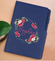 BK Gift Kişiye Özel Çiçek Tasarımlı Lacivert Termo Deri Not Defteri 15x21cm-15