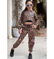 Kız Çocuk Kapüşonlu Leopar Desenli Sweatshirt ve Croplu Kahverengi Eşofman Takım