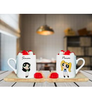Power Puff Blossom & Buttercup Arkadaş Çift Tasarımlı Çift Ahşap Tabaklı Kişiye Özel Türk Kahvesi Fincanı Seti
