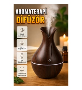 Ahşap Desenli Aromaterapi Difüzör 130 ml Ultrasonik 7 Renk LED Işıklı