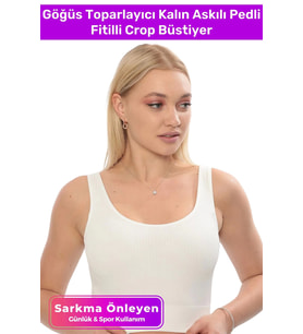 Özel Üretim Göğüs Toparlayıcı Sarkma Önleyen Spor Günlük Kalın Askılı Pedli Fitilli Crop Büstiyer (Beyaz)