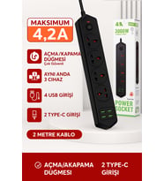 4 FİŞ + 4 USB + 2 Type-C Girişli Akım Korumalı Priz  3000W Güç, Maksimum Verim (Anakonda Siyah-Beyaz)