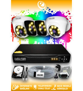 ELITCAM 4 Kameralı Kare 2 İç Kamera Set 1 TB HDD Full HD Renkli Gece Görüşlü Güvenlik Kamerası Sistemi