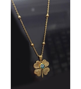 Gold Kaplama Altın Renk Top Zincir Nazar Boncuklu Yonca Bijuteri Kolye 6618900002991