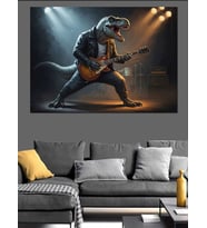 Gitar Çalan Karizmatik T-Rex Dekoratif Kanvas - Mdf Ahşap Tablo