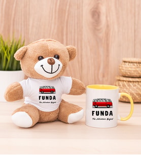 Kişiye Özel Vosvos Minibüs Tasarımlı Peluş Ayı ve Sarı Kupa