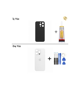 iPhone 14 Pro Beyaz Arka Kapak Arka Cam Batarya Kapağı Lazer Kesim Kapak Pil Kapağı + B-7000 Yapıştırıcı + Tamir Seti