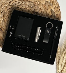 Özel Erkeklere Lüks Kutulu Vegan Deri Mekanizmalı Cüzdan & Clipper Çakmak Touch Pen Kalem Deri Anahtarlık Hediye Seti LK22V