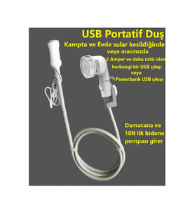 Portatif USB Kamp Duşu 10 litre su bidonu ve Damacanaya girer USB 2 Amper ve üstü ile çalışır