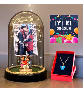 Doğum Günü Hediyesi - Kelebek Kolyeli, Led Işıklı, Biblolu ve Fotoğraflı Fanus FA8