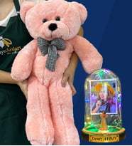 Size Özel Renkli Led Işıklı Fanus ve Büyük Boy Pembe Peluş Ayıcık Hediye Seti (Model 5)