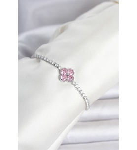 Pirinç Gümüş Renk Pembe Zirkon Taşlı Yonca Model Su Yolu Kadın Bileklik 5886 - HPSBYI1183-71