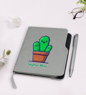 BK Gift Kişiye Özel Kaktüs Tasarımlı Gri Termo Deri Defter Kalem Seti-3