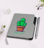 BK Gift Kişiye Özel Kaktüs Tasarımlı Gri Termo Deri Defter Kalem Seti-3