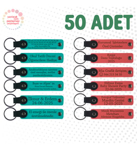 K Turkuaz & Nar Çiçeği, 50’li Set, İsim Yazılabilen Anahtarlık, Kafe Müşterilerine Teşekkür Hediyesi