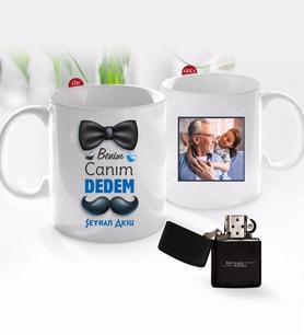 BK Gift Kişiye Özel Canım Dedem Tasarımlı Fotoğraflı Kupa Bardak ve Benzinli Çakmak Seti-3 (Model 1)