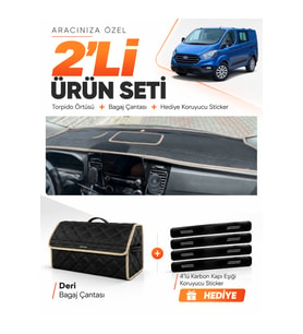 FORD TRANSİT CUSTOM (2016-2024) Uyumlu Torpido Örtüsü + Deri Bagaj Çantası + Sticker Seti - Siyah Bej