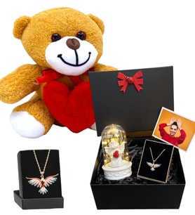 Renkli Zümdürü Anka Kuşu Kolyeli Fotoğraflı Premium Hediye Seti - Kırmızı Peluş Ayıcıklı (Model 6)