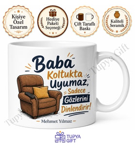 Baba Koltukta Uyumaz Yazılı Esprili Kupa Bardak Babalar Günü Hediye