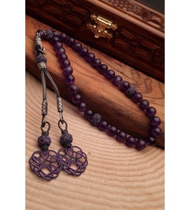 Erkek Hediyelik Gümüş Püsküllü Ametist Tesbih, Doğaltaş Tespih (Mor)