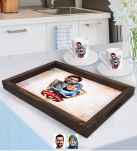 BK Gift Kişiye Özel İsimli Sevgililer Karikatürlü Doğal Ahşap Tepsi ve 2’li Kahve Fincan Seti-59