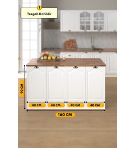160 Cm %100 MDF Greena White Ada Mutfak, Modern Mutfak Adası, Mutfak Yemek Masası, Bar Masası